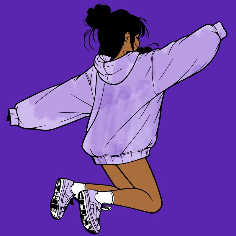 realistic girl jumping with a bun and oversized sweatshirt