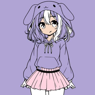 pretty anime girl wearing a fluffy hoodie with bunny ears on the hood and a skirt