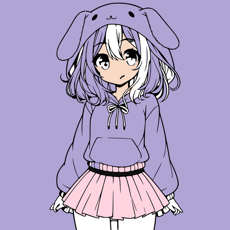 pretty anime girl wearing a fluffy hoodie with bunny ears on the hood and a skirt