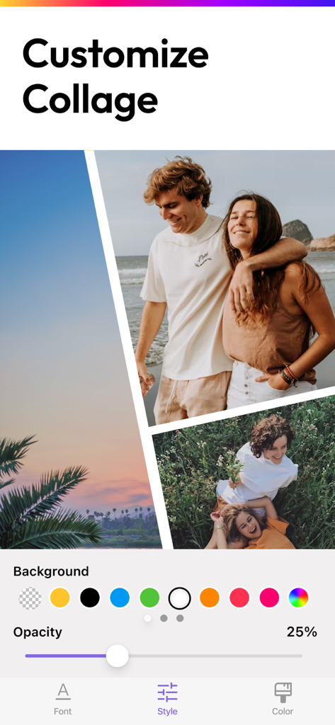 Photo Collage Maker & Pics Art - Interface for customizing a photo collage background and opacity