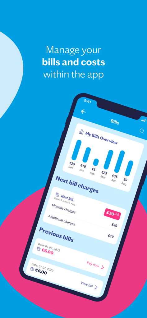 mylebara mobile app screen displaying bill overview and next charges