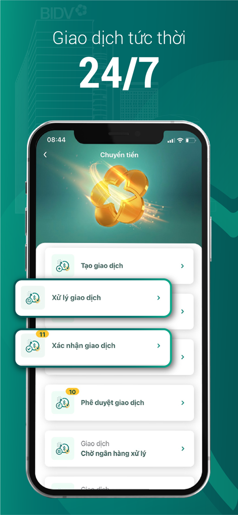 BIDV iBank - Interfaz móvil de banca corporativa de BIDV iBank que muestra opciones de transferencia de dinero y aprobación de transacciones.