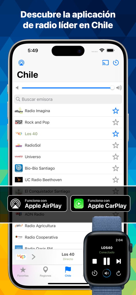 Radio Chile: Escucha En Vivo - Interfaccia dell'app Radio Chile su iPhone e Apple Watch con compatibilità CarPlay e AirPlay