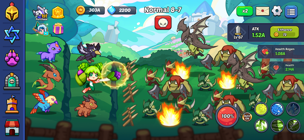 Gameplay of Kingdom Defender Idle RPG showing a hero and pet allies fighting waves of monsters