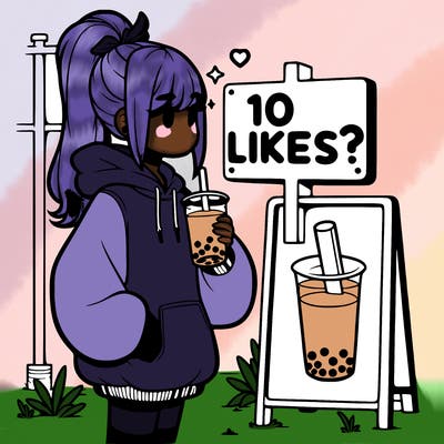 girl with oversized hoodie drinking boba and she has a high ponytail with a sign that says 10likes?