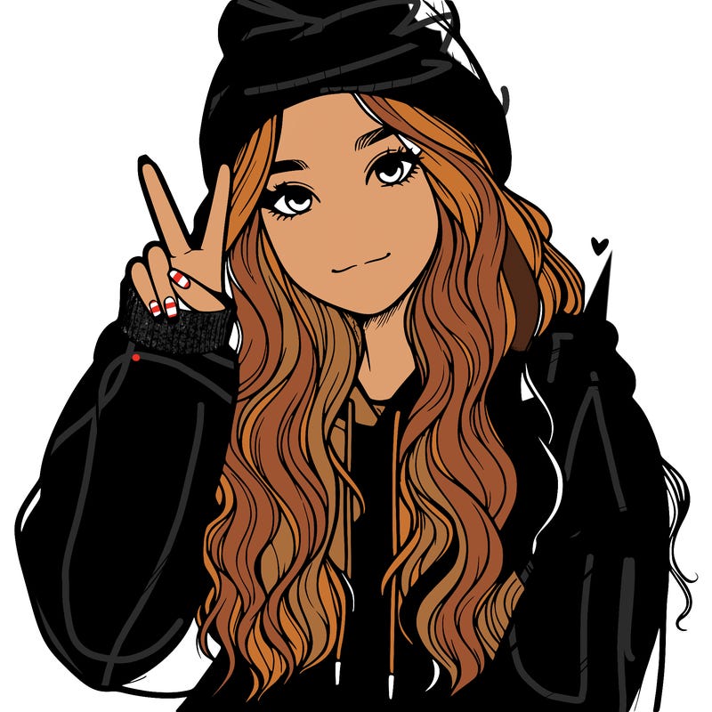 a teenage girl in a beanie, oversized sweatshirt, wavy long hair, and is showing a ✌️