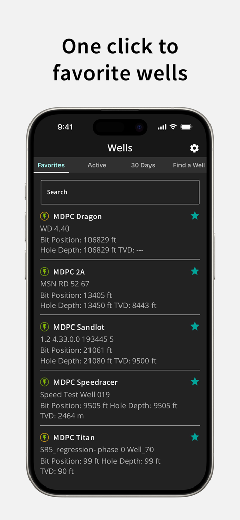 Max Drilling - Una lista de pozos favoritos en la aplicación Max Drilling que muestra métricas en tiempo real como la posición de la broca y la profundidad del pozo.