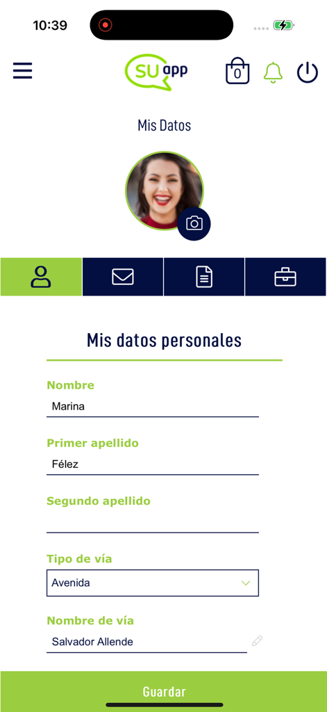 Suapp - Suapp mobile app personal data profile screen with user details form