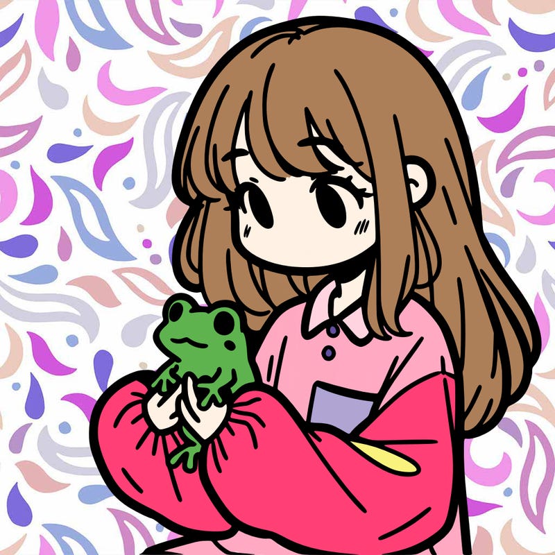 girl with long hair and a oversized shirt. and she is holding a frog
