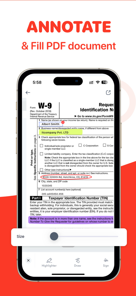 PDF Converter- Word to PDF app - iPhone screen showing how to annotate and fill a W9 PDF document using the app
