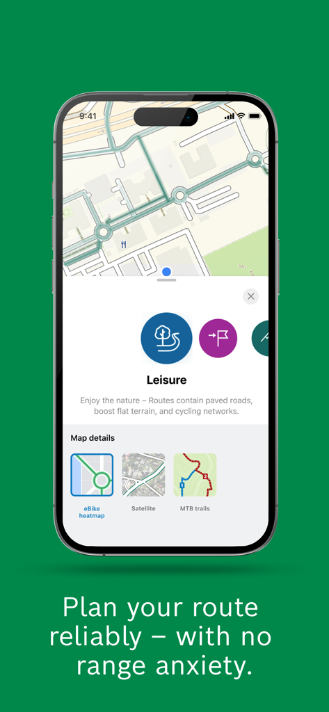 eBike Flow App-Bildschirm für die Routenplanung mit Kartendetails und Auswahl des Freizeitmodus.