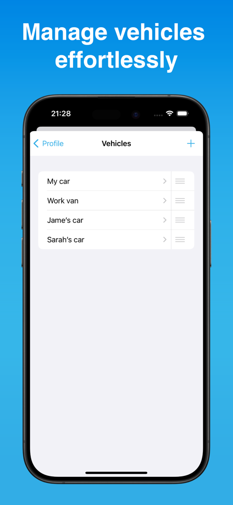 Schermata di gestione dei veicoli nell'app DriveLog che mostra un elenco di auto e furgoni registrati.