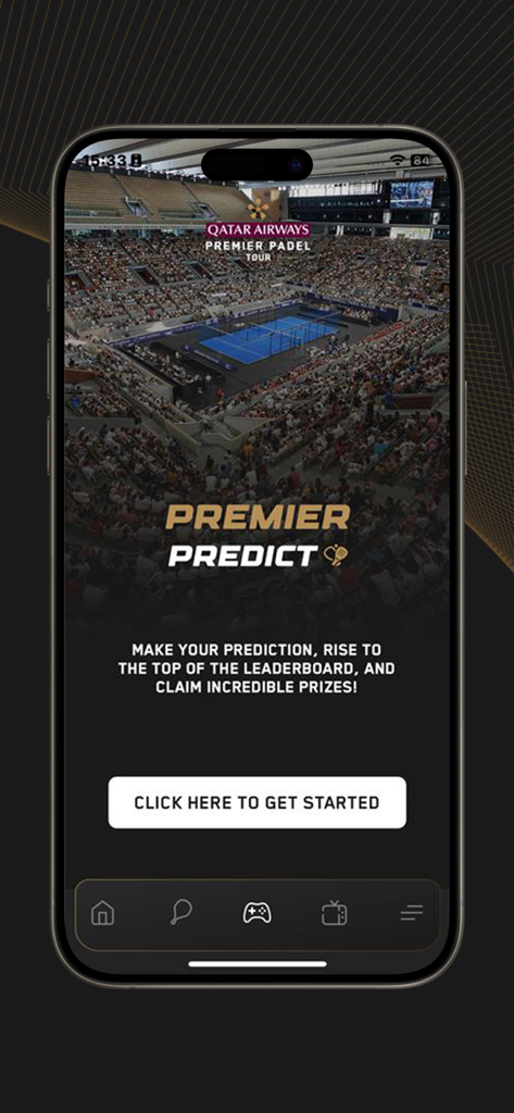 Premier Padel app interface for the Premier Predict game feature showing a stadium background