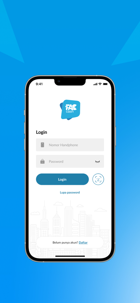 Pantalla de inicio de sesión de la aplicación PAC Cash con campos de número de teléfono y contraseña para servicios financieros indonesios