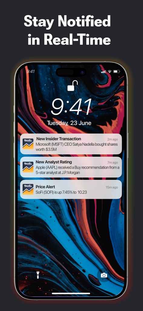 TipRanks Stock Market Analysis - Smartphone lock screen showing real time stock market notifications for insider transactions and analyst ratings