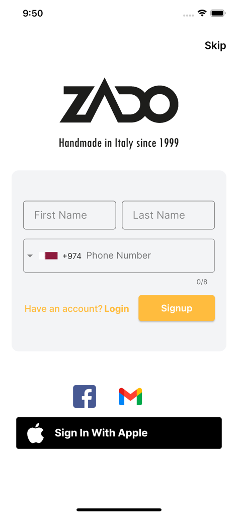 ZADO - ZADO Shopping-App-Anmeldebildschirm mit Namens- und Telefonnummerfeldern und Optionen für soziale Logins