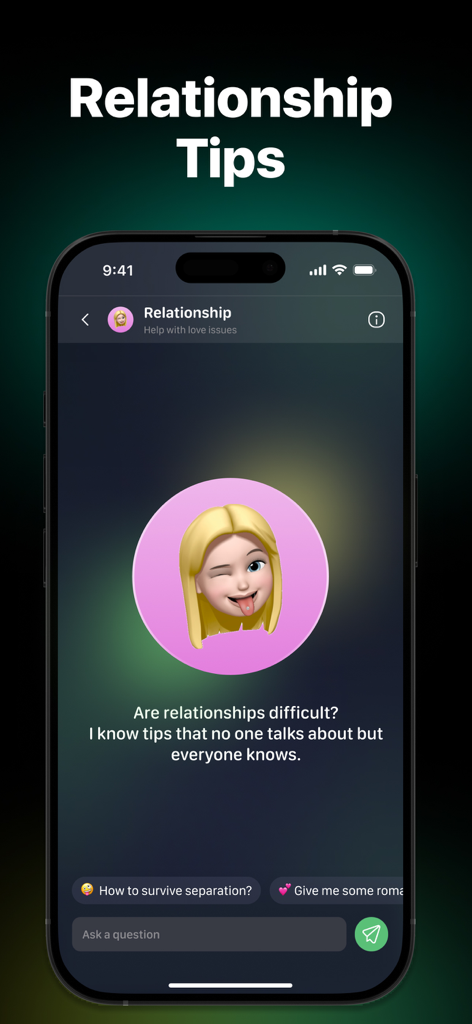 Screenshot of the Chat 5.0 app interface showing the Relationship Expert persona providing love and dating advice.