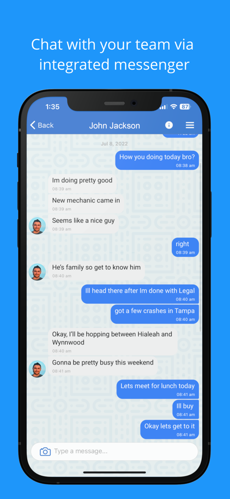 SINC app integrated team messenger interface showing a real-time chat conversation between team members.
