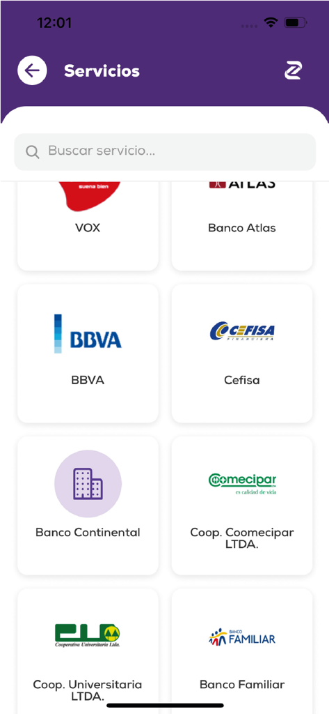 Zeta - 은행 송금 및 결제를 위한 파라과이 금융 기관 및 서비스 제공업체 목록을 보여주는 모바일 앱 화면.