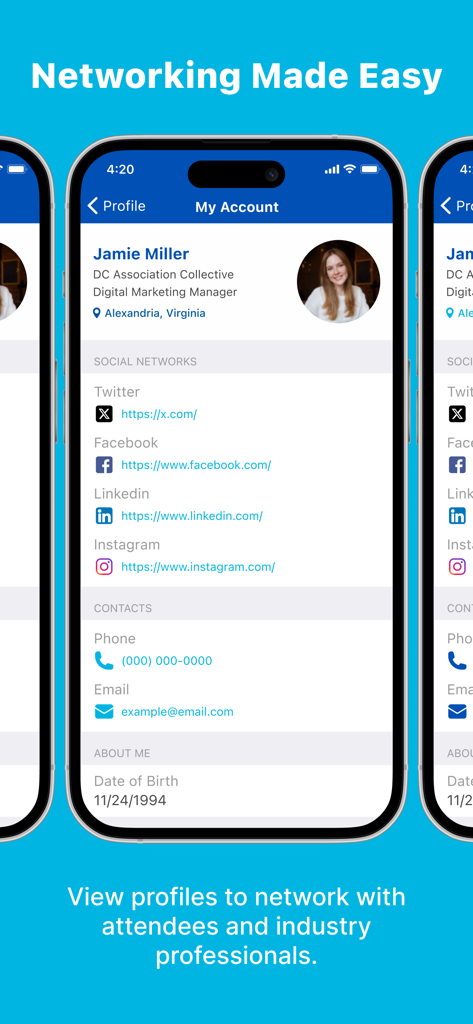 ICPC - A user profile screen in the ICPC app showing social media links and contact details for professional networking