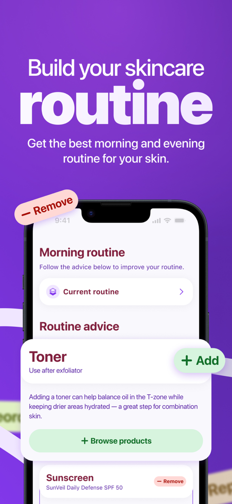 Alba - Skin Care Routine - Alba app interface for building morning and evening skincare routines with expert advice