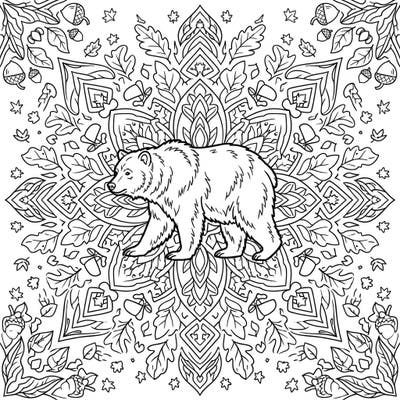 Immerse yourself in the serene beauty of autumn with this unique coloring page featuring a majestic bear amidst a detailed mandala. Rich with falling leaves and woodland patterns, it offers a calming and creative escape.