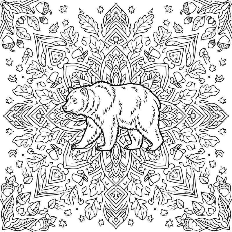 Immerse yourself in the serene beauty of autumn with this unique coloring page featuring a majestic bear amidst a detailed mandala. Rich with falling leaves and woodland patterns, it offers a calming and creative escape.