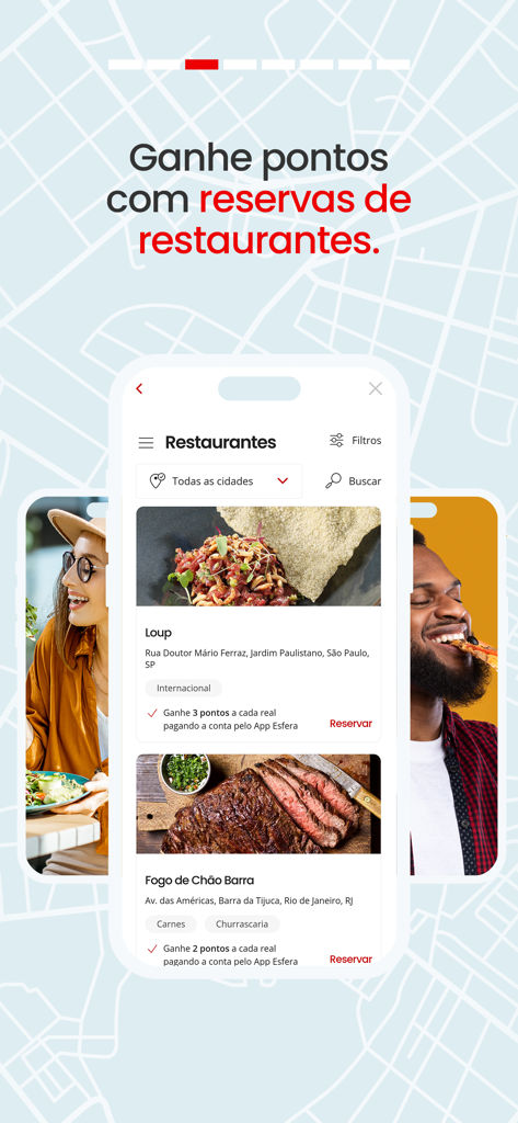 Esfera - Pontos - Interface do aplicativo Esfera mostrando opções de reserva de restaurantes para ganhar pontos de fidelidade