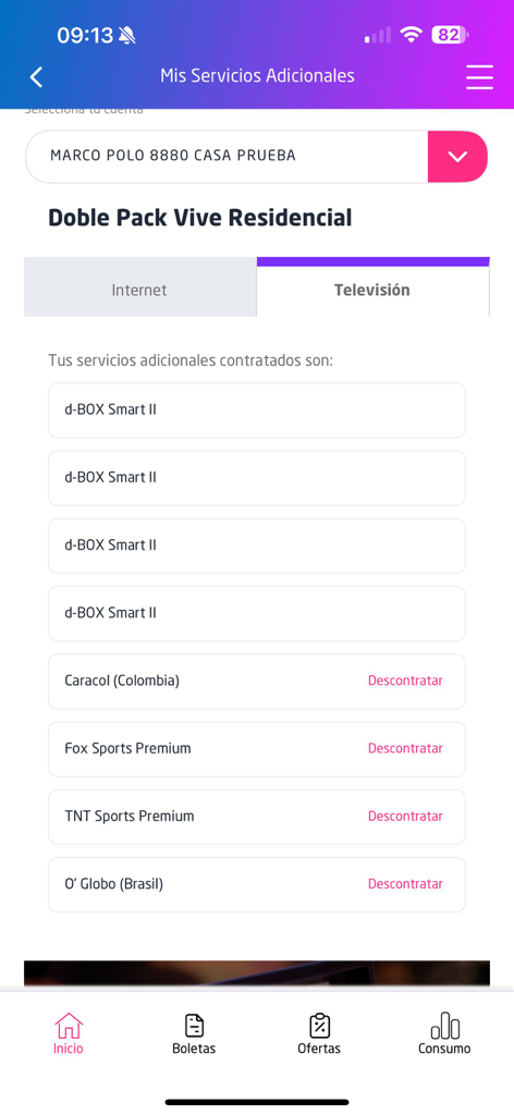 Interfaz de la aplicación móvil VTR para administrar servicios de televisión adicionales y canales premium