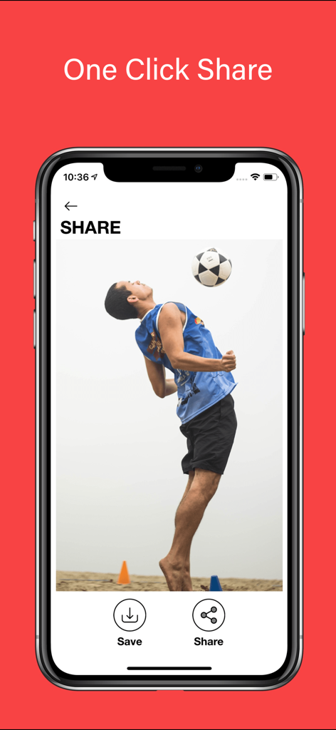 Slow Motion' Video Editor - Slow Motion Video Editor interface showing the one click share feature with a soccer athlete highlight