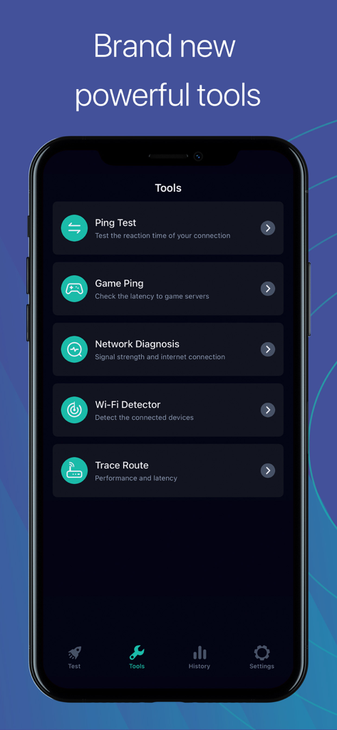 Smartphone screen displaying the Tools menu of the Speed Test Master app with options like Ping Test and Game Ping