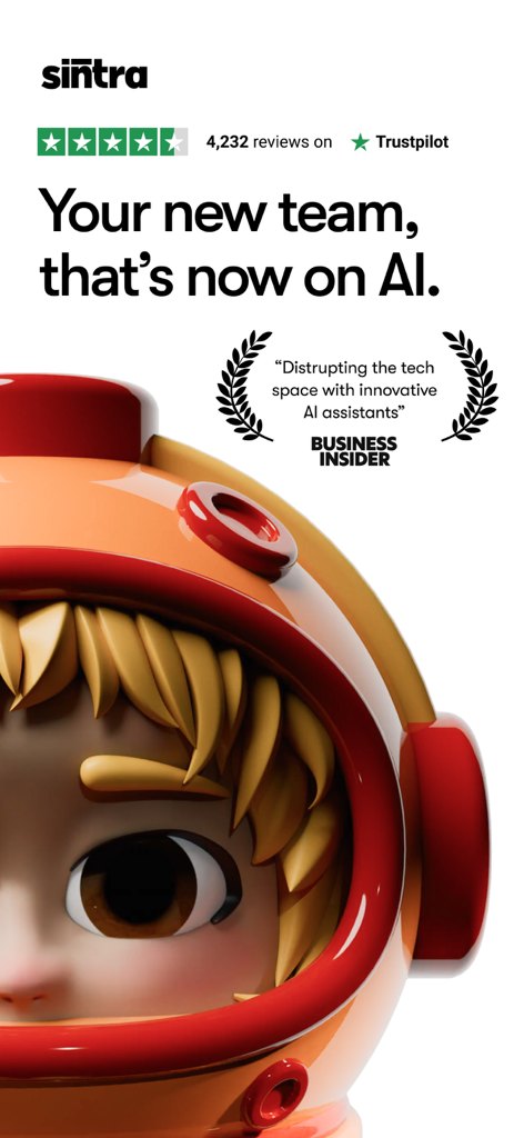 Sintra: AI Employees - Sintra AI Employees promotional screen featuring a 3D character Trustpilot rating and Business Insider quote