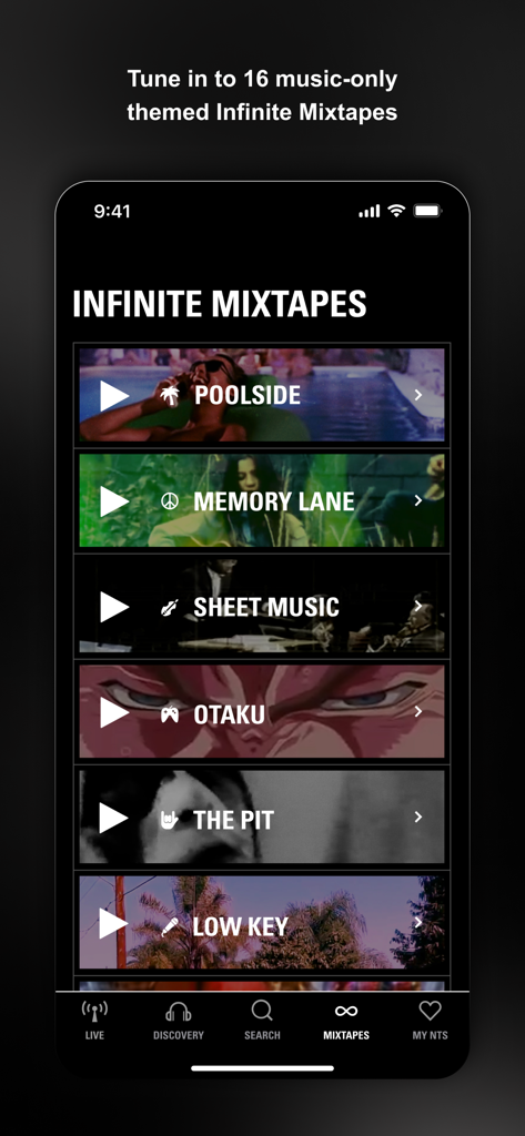 NTS Radio mobile app interface showing a list of curated infinite mixtapes like Poolside and Memory Lane