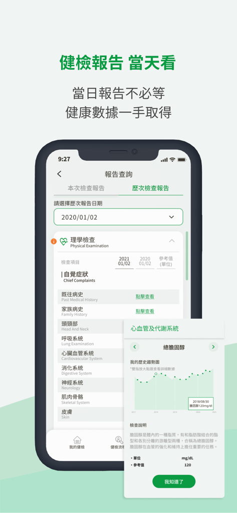 國泰i健康 - Mobile app screen showing medical examination reports and a health data trend chart in Traditional Chinese.