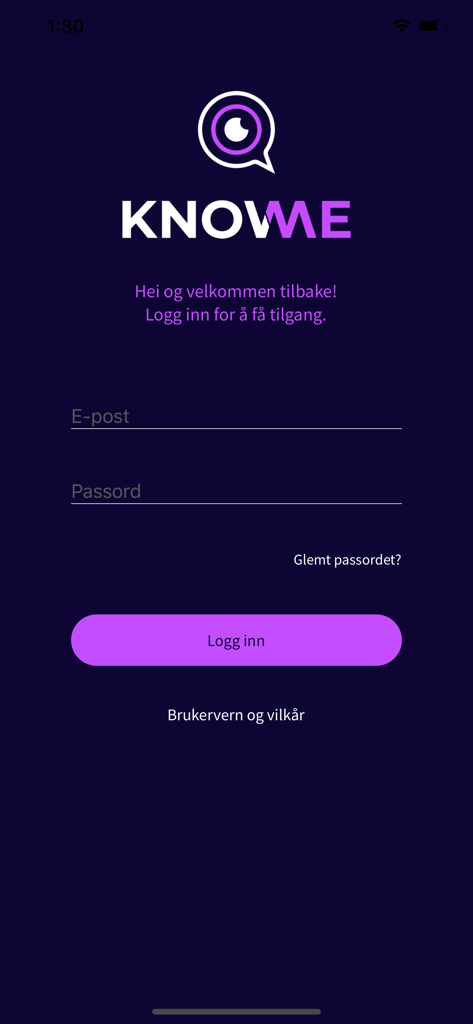 Pantalla de inicio de sesión de la aplicación Observer con el logo de KnowMe y campos para correo electrónico y contraseña.