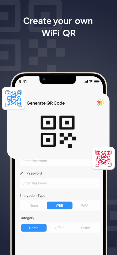 WiFi QR Code & Barcode Scanner - Interfaccia dell'app che mostra la generazione di un codice QR Wi-Fi personalizzato con campi per password e tipo di crittografia.