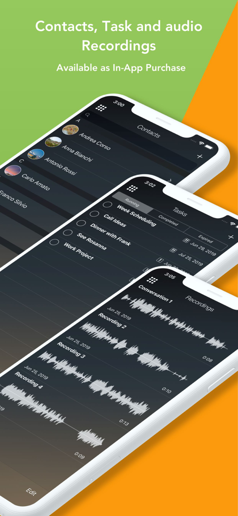 Secret photos - KYMS - Three mobile phone screens displaying the encrypted contacts, task manager, and audio recording interfaces of the Secret photos KYMS app.