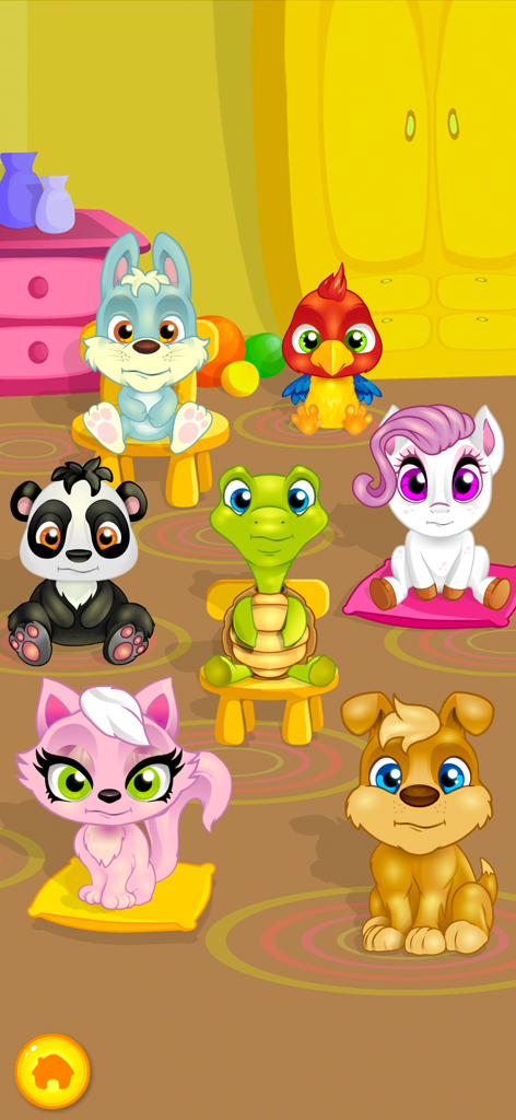 Pet Wash - Seven cute cartoon pets including a panda dog and pony sitting in a colorful room