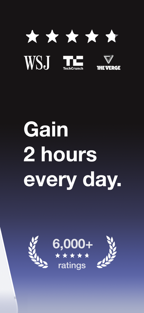 Blank Spaces Launcher promotional screen showing press mentions from WSJ TechCrunch and The Verge with a claim to gain 2 hours every day