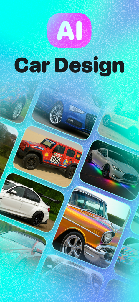 AI Car Design Generator - Una galleria di auto con diverse modifiche generate dall'IA come decalcomanie da rally, luci sottoscocca e verniciatura personalizzata