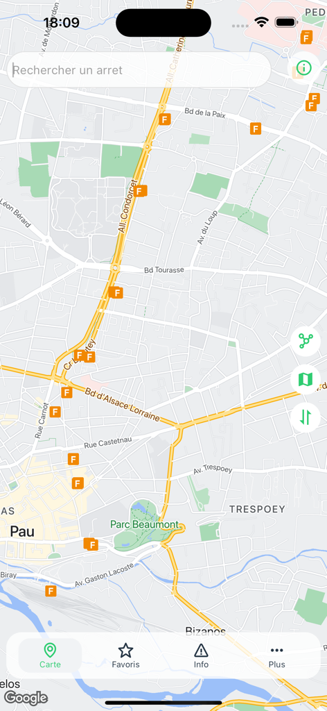 IDELight - IDELight app map interface showing Idelis bus stops in Pau France