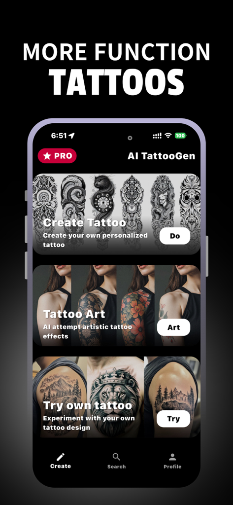 AI TattooGen - Ink Art - Schermata principale dell'app AI TattooGen che mostra opzioni per creare tatuaggi personalizzati, applicare effetti artistici e provare i design sul corpo
