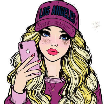 realistic beautiful girl wearing los ángeles cap holding an iphone