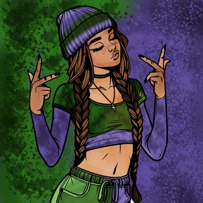 realistic teenage girl with braids and a beanie and crop top doing 🫶🏼