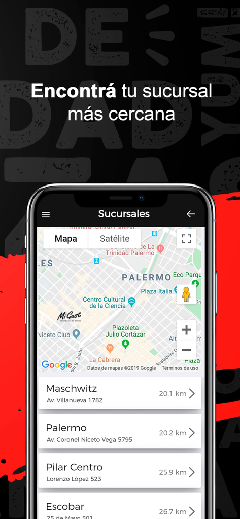 Mi Gusto - Mi Gusto mobile app showing nearby store locations on a map