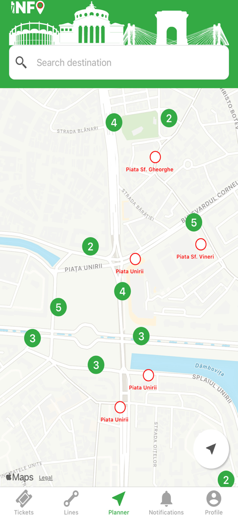 Map view of the Info Transport Bucharest app showing transit stations and search bar