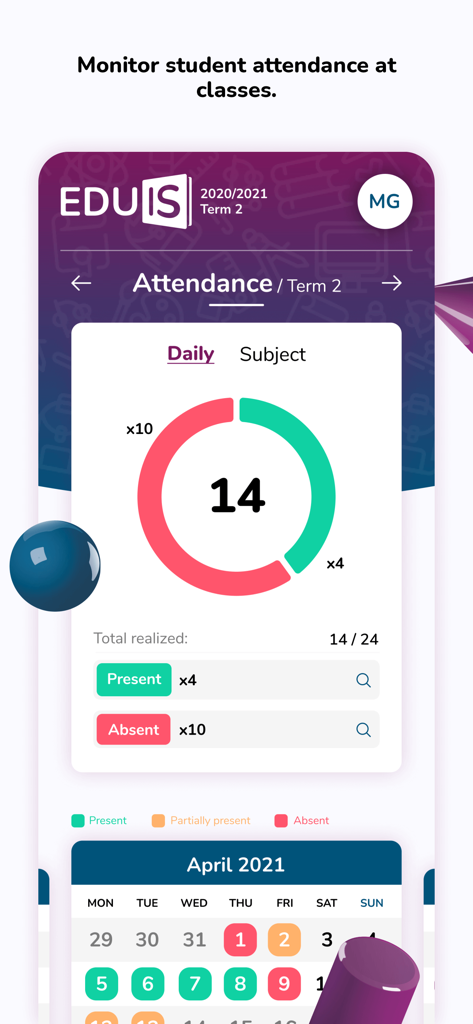 Interface de l'application Eduis pour le suivi de la présence des élèves, avec un graphique récapitulatif et un calendrier mensuel codé par couleur.