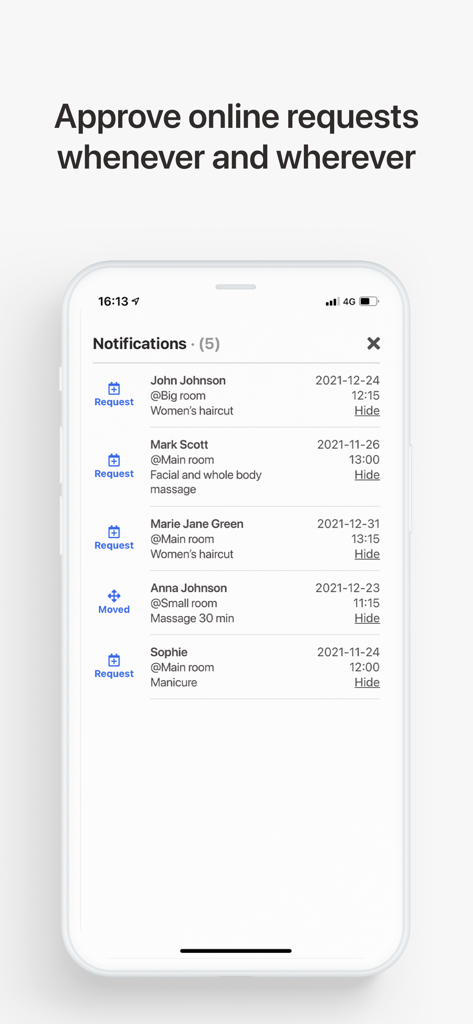 Noona HQ - A smartphone displaying the Noona HQ app notifications screen with appointment requests for hair and wellness services.