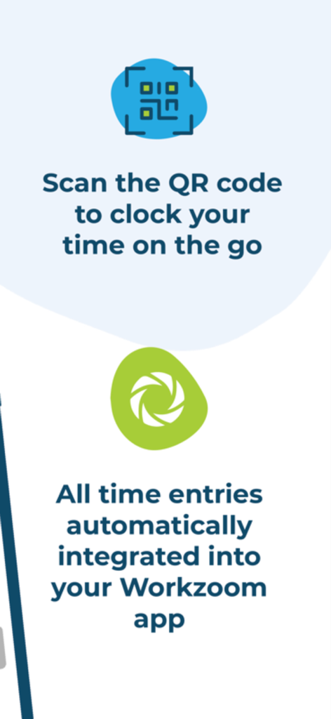 Workzoom Clocking - Workzoom Clockingアプリインターフェース。QRコードスキャンと自動時間入力統合機能が強調されています。