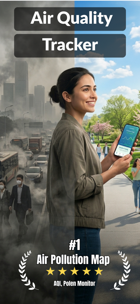Air Quality Tracker: PureAir - A woman using the PureAir app to compare a polluted city scene with a clean park environment.